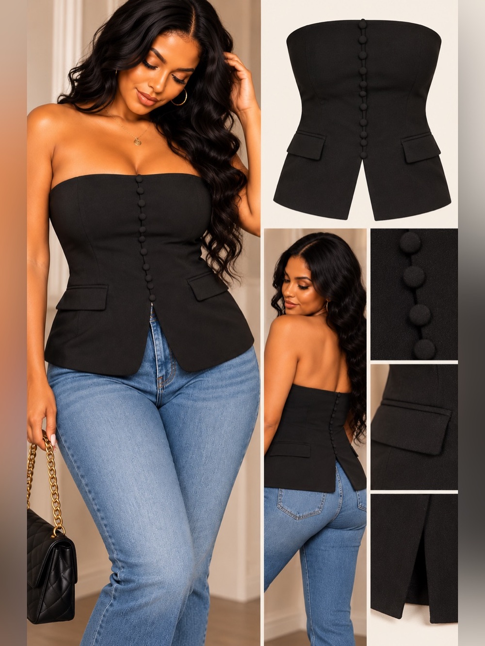 Strapless Button-Front Black Corset Top size 2X